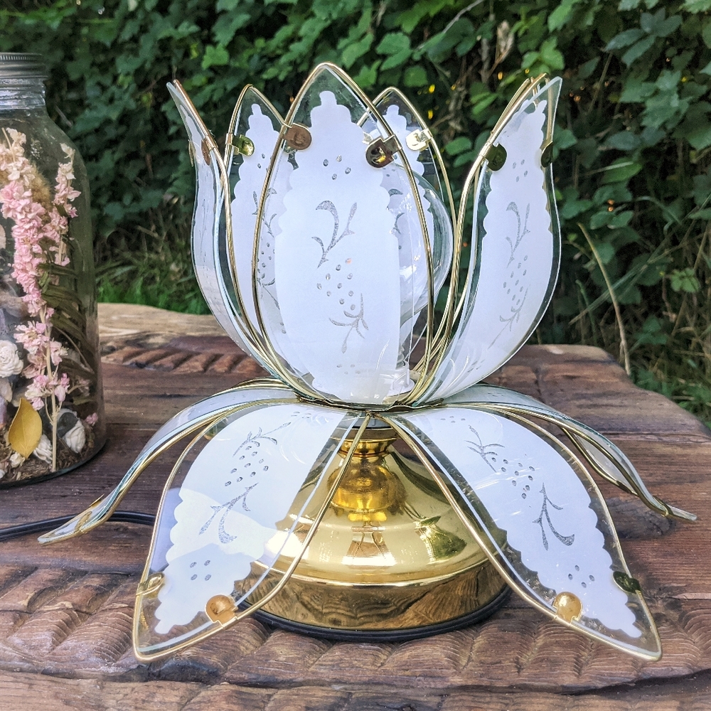 *SOLD* Lotus flower touch table lamp reverse etched glass panel corded electric